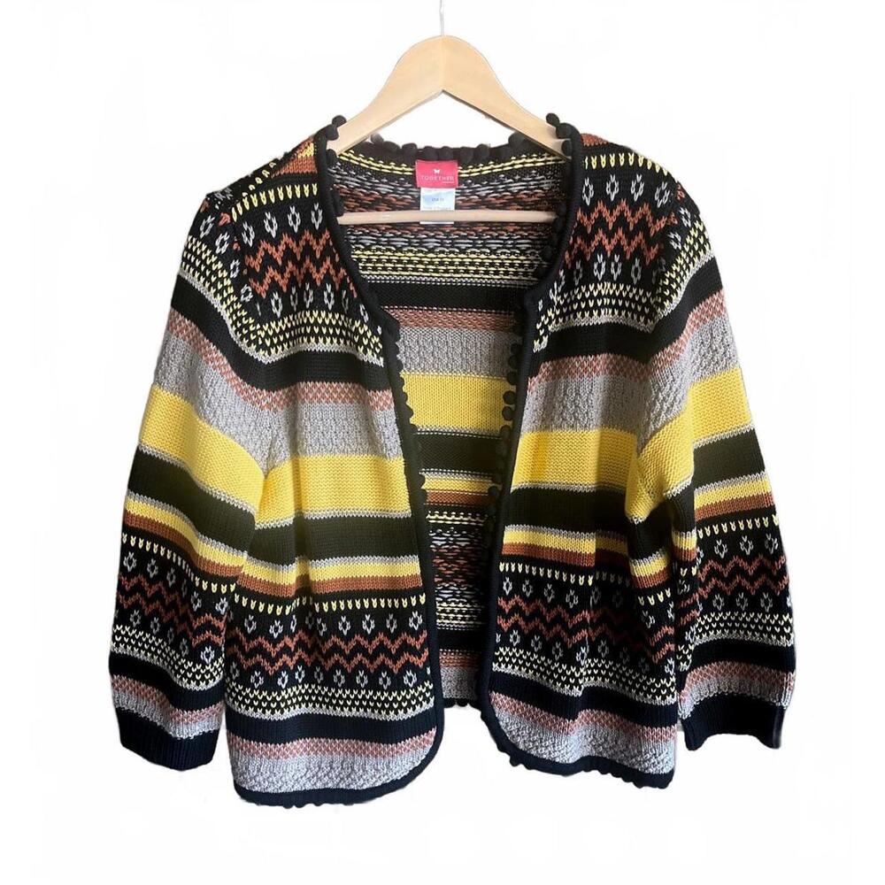 Together Womens Cardigan Sz 10 Black Yellow Open Front 3/4 Sleeve Boho